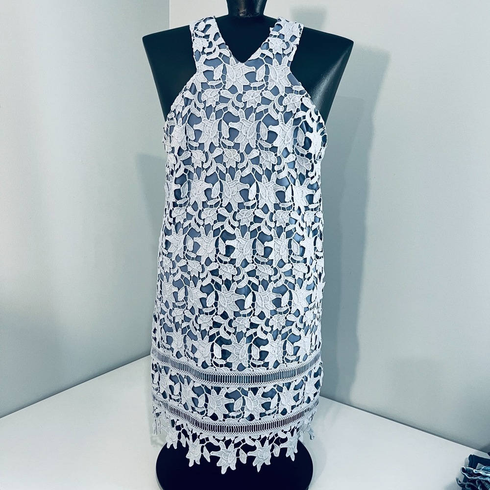 Nordstrom GB Blue Lace Crochet Overlay Dress Lined Sleeveless Shift Womens S - Picture 1 of 10